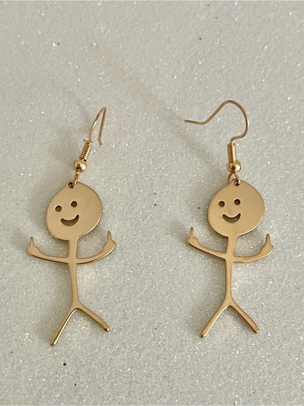 Smiley Doodle Stick Figure Funny Earrings - Gold Tone